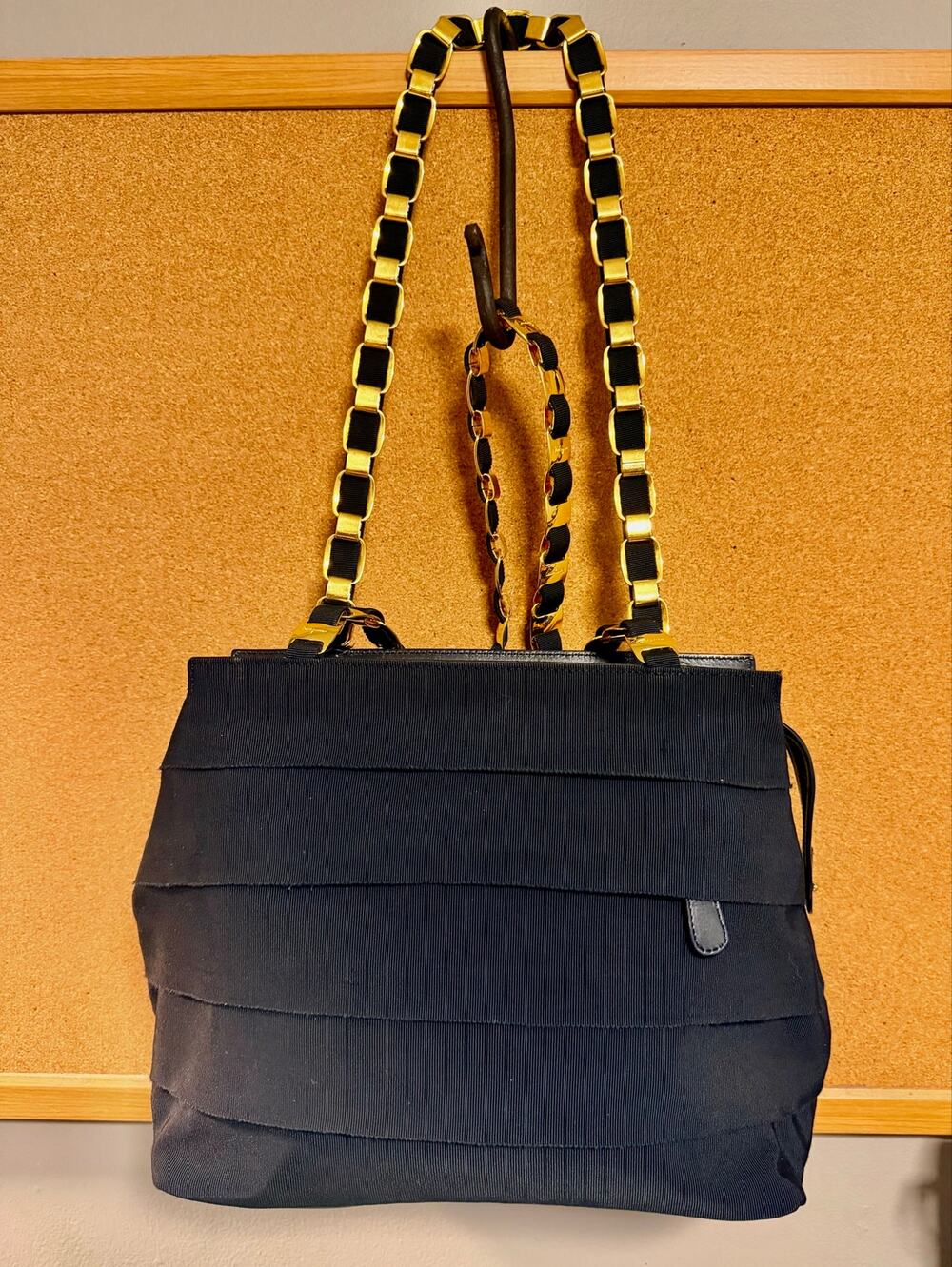 Vintage Salvatore Ferragamo  Black Grosgrain Vara Chain Tote Shoulder Bag